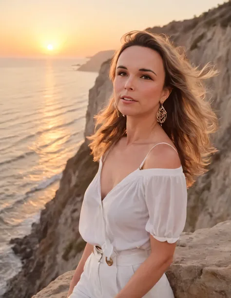 At the picturesque seaside cliff, Pierson captured a mesmerizing shot of a graceful woman adorned in an elegant yet casual outfit with hints of nautical motifs, accessorized by alluring earrings, as she gazes wistfully at the dazzling sunset while embracin...