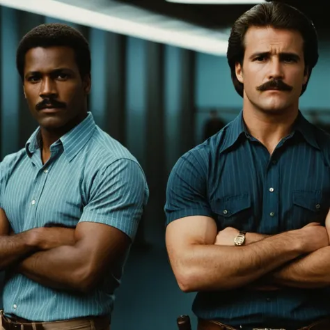 cinematic film still of  <lora:1980s style:1>
In the 1980s two men standing next to each other with arms crossed from lethal weapon,brown hair,shirt,black hair,brown eyes,weapon,male focus,multiple boys,necktie,striped,belt,pants,dark skin,2boys,gun,facial...