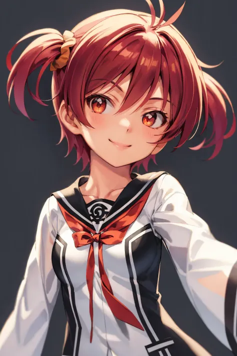 masterpiece, best quality,
1girl, akaneisshiki, brown eyes, red hair, short hair, twintails, scrunchie, school uniform, white sleeves,
upper body, smile, solo, looking at viewer, simple background    <lora:AkaneIsshiki:1>