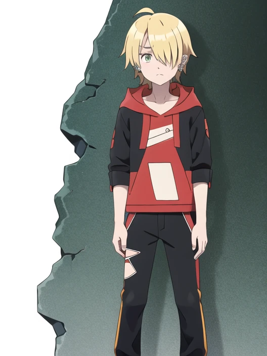 <lora:asatsukifgfff-08:0.8> solo, looking at viewer, short hair, bangs, blonde hair, long sleeves, 1boy, closed mouth, green eyes, collarbone, ahoge, male focus, pants, hood, bag, hair over one eye, torn clothes, hoodie, frown, black pants, piercing, hood ...