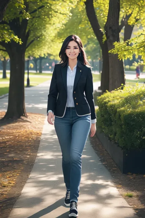 real, (realistic), super detailed, (4k), 8k, 21 year old woman walking in a city park, smiling