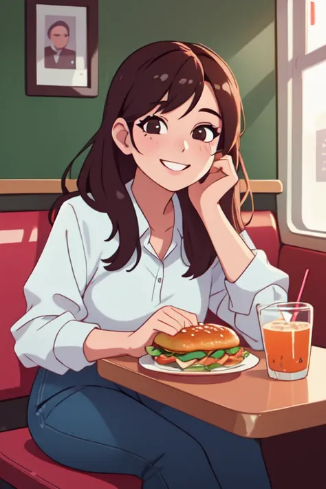 real, (realistic), super detailed, (4k), 8k, 21 year old woman eats lunch at a diner, smiling