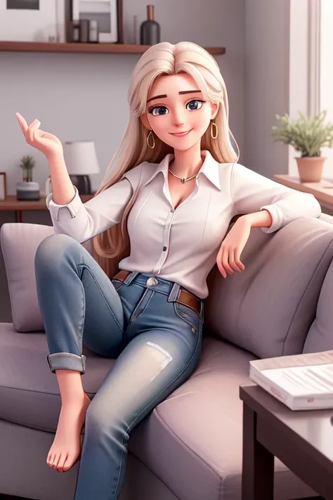 real, (realistic), super detailed, (4k), 8k, 21 year old woman relaxes on a couch in her living room in jeans and a white blouse, smiling