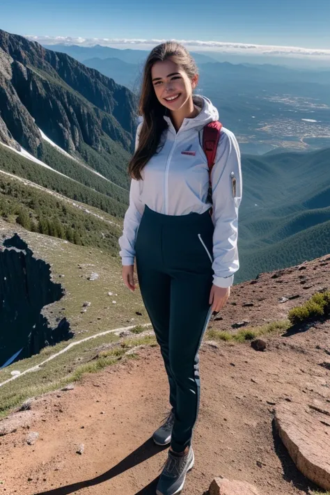 real, (realistic), super detailed, (4k), 8k, 21 year old woman stand on a mountaintop, smiling