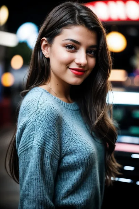 photo of beautiful M3l3n4T4r4_HM_v3-135, a woman, perfect hair, smiling, (modern photo), wearing long sweater and slacks, portrait, 85mm, (analog, cinematic, film grain:1.3), (Holographic Amusement Park, Park with holographic rides, characters, and fantast...