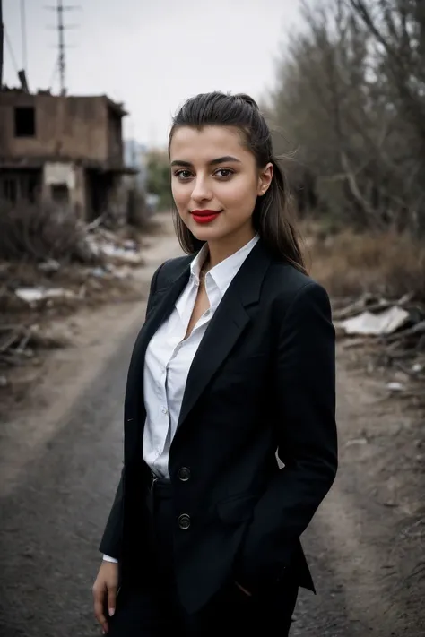 photo of beautiful M3l3n4T4r4_HM_v3-135, a woman, perfect hair, smiling, (modern photo), wearing blazer, button-up, slacks, portrait, 85mm, (analog, cinematic, film grain:1.3), (Post-Apocalyptic Wasteland, Desolate landscape with crumbling structures, over...