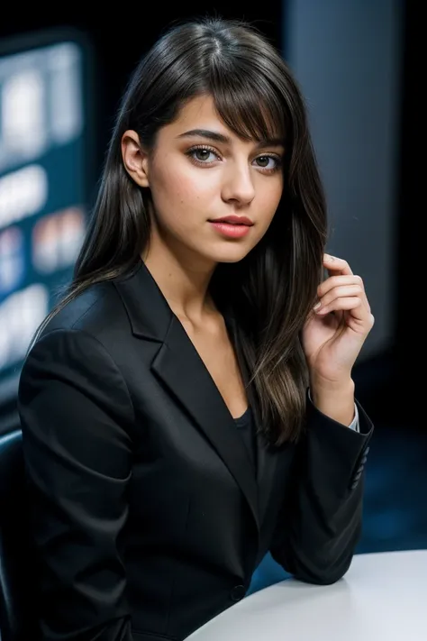 photo of beautiful M3l3n4T4r4_HM_v3-135, a woman, perfect hair, surprised, (modern photo), wearing tuxedo, portrait, 85mm, (analog, cinematic, film grain:1.3), (Virtual Education Center, Futuristic facility with VR simulations, holographic lectures, and AI...