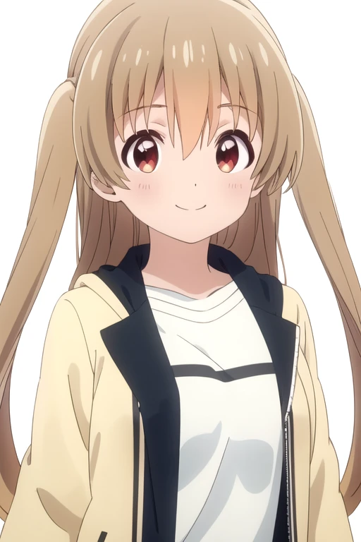 solo, 1girl, looking at viewer, 2D, anime, anime coloring, upper body, (simple background, solid white background:1.3),  <lora:koharu-slowloop:0.8>, koharu minagi, shirt, jacket, smile