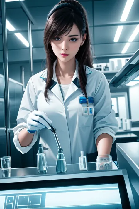 real, (realistic), super detailed, (4k), 8k, 21 year old woman mixes chemicals in a futuristic laboratory