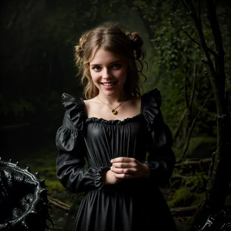 (atmospheric cinematic still, full body:1.15), (woman-animal hybridization chimera:1.3) , (innocent slender Slavic woman:1.175) wearing an awkward Victorian dress with black lace and frilly sleeves and a strange pattern, (modelshoot style, analog style, st...