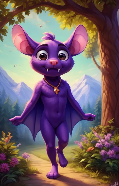 BatPatCartCR1  <lora:BatPatCartCR1:1>  purple skin, black eyes, nude, male boy,  (beautiful, aesthetic, perfect, delicate, intricate, masterpiece, fangs,)
textured fur, [Forest, path, trees, sky clouds, mountains,] solo,  looking at viewer, to his full hei...