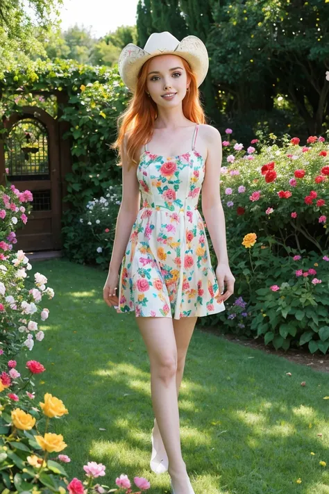 tv_Cosmik_Cowgirl_TT, ,  , serene expression, wearing an elegant colorful summerdress, walking through an ornate rose garden, noon, summer, colorful butterflies, ((cowboy shot)),, 8k resolution, highres, high detail, sharp focus, detailed skin,  8k uhd,