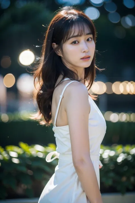 Best quality, masterpiece, ultra high res, (photorealistic:1.4), raw photo,1girl, solo, realistic, (looking at viewer:1.2), upper body,outdoor, bokeh background, white dress, <lora:makina69_leeminjung_v1.0:1>