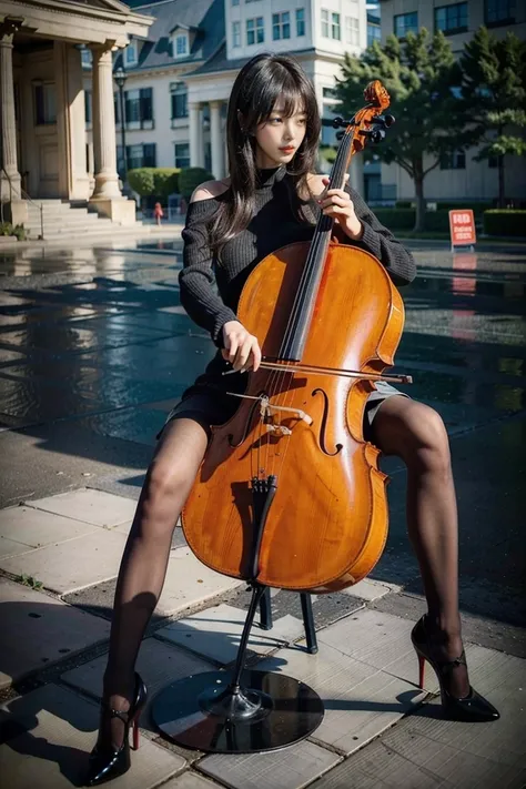 1girl, playing cello, cello,bow \(music\),

(pantyhose, high-heels, long and slender and beautiful legs),  black hair, sitting, ...