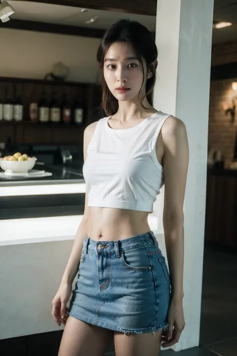 (realistic), (hyperrealism),best quality, masterpiece,ultra high res, (photorealistic),1girl,(looking at viewer),shop,
mini skirt, cutoff shirt, navel,
cowboy shot,<lora:makina69_leeminjung_v1.0:1>