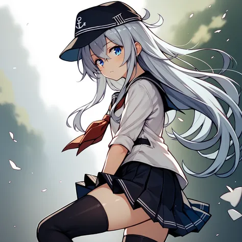 score_9, score_8_up, score_7_up, score_6_up, score_5_up, score_4_up, BREAK, cowboy shot, solo,
<lora:hibikiv2-000009:1>, hibikikc, hibikioutfitkc, long hair, serafuku, black hat, grey hair, blue eyes, black thighhighs, pleated skirt,