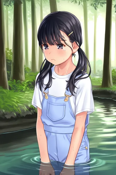 score_9, score_8_up, score_7_up, rating_safe BREAK
1girl, (:t), pout, tearing up, black eyes, black hair, twintails, hairclip, flat chest, white t-shirt, pink overalls, forest, river, partially submerged, (wet hair, dripping)