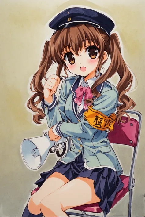 Nogizaka Mika,1girl,solo,brown hair,hat,twintails,megaphone,fang,school uniform,brown eyes,instrument,armband,sitting,long hair,chair,traditional media,<lora:shaa_XL:0.8>,