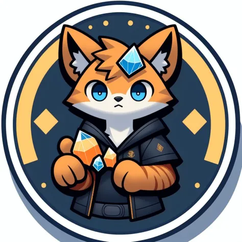 a orange cat selling crystal and gold,  kingdom hearts cloth,  STICKER, designer, MS DESIGNER <lora:Stickerly-000007:1>, circle logo  BREAK white white background,