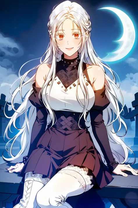 1girl, solo, red eyes, long hair, white hair, smile, parted bangs, (Studded Block-heels, Lace-trimmed Knee-high Socks, Leather Leggings, V-neck Sweater), (Sitting with one leg raised and arms reaching forward), (Haunted graveyard with ghostly apparitions a...