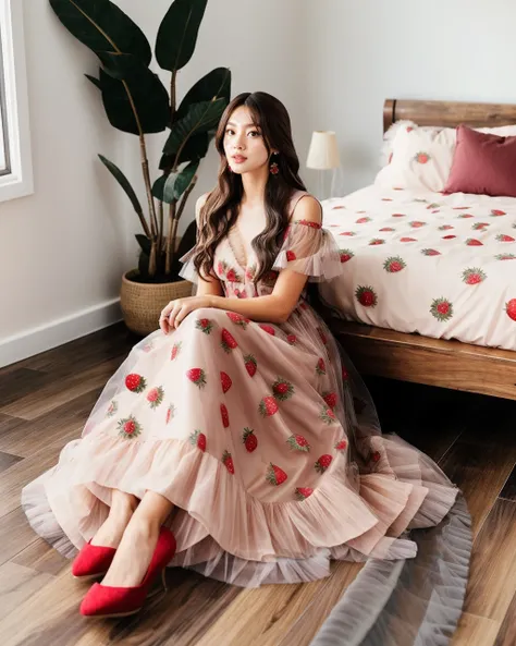 <lora:StrawberryDress-v1-000003:1>, tulle bench, brown eyes, dress, dress long hair, earrings, flower, fruit, indoors, lips, long hair, no humans, plant, ring, strawberry print, wooden floor