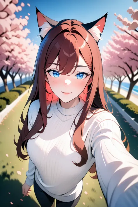 very aesthetic, best quality, newest, 1girl, solo, cat ears, long hair, looking at viewer, blush, slight smile, depth of field, cherry blossoms, (waving), raifu, (blue eyes:0.8), full body, medium breasts, white sweater, pov,