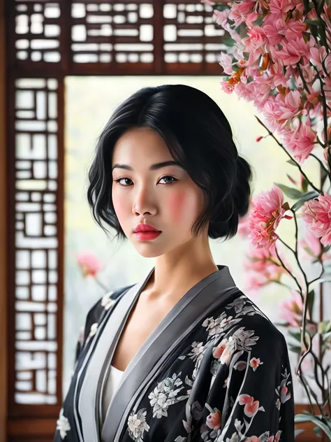 In the midst of a serene setting, a young Asian artist stands solo, her presence commanding attention. Her captivating black eyes reflect a depth of emotion, while her short black hair frames her face with a touch of elegance. Behind her, floral-printed cu...