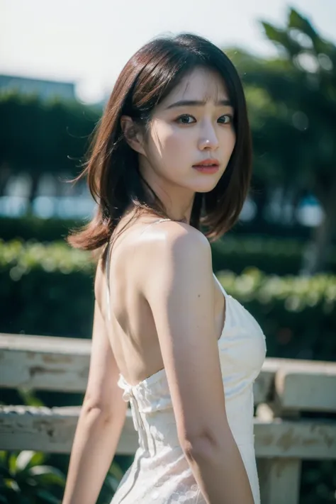 Best quality, masterpiece, ultra high res, (photorealistic:1.4), raw photo,1girl, solo, realistic, (looking at viewer:1.2), upper body,outdoor, bokeh background, white dress, <lora:makina69_leeminjung_v1.0:1>