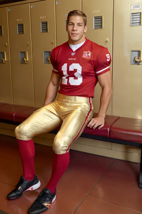 locker room, lockers in the background, sitting on a bench, slight smile, JimKerouac is an (American football player), wearing (football uniform), (red jersey:1.2), shoulder pads, jersey number 10, (pale gold football pants), (red socks), (black sneakers),...