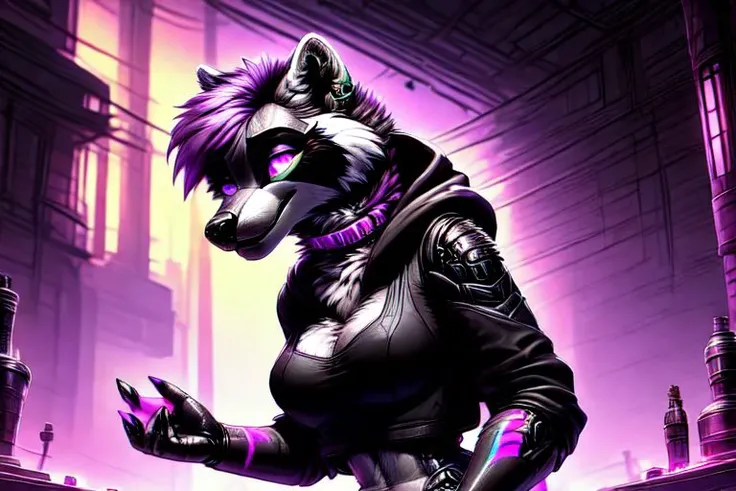 (animal_raccoon furry: 1.5), raccoon, female, (vagina, breasts:1.3 ), (feminine:1.8), (humanoid_hands:1:2) humanoid, solo, fluffy, soft lighting ,(fluffy fur:1.1), masterpiece, raccoon, cyberpunk 2077, glowing eyes, purple, fluffy ,(fluffy fur:1), high qua...