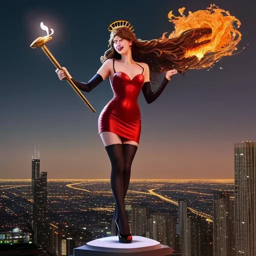 On a moonlit night, the Statue of Liberty, with a golden crown and an emerald scepter, appeared on a high platform in Chicago, wearing a fiery red dress, black stockings, high heels, a thin face, and her whole body was covered in a mysterious light, with c...