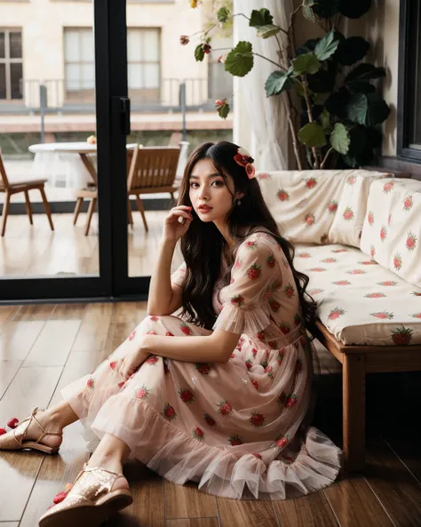 <lora:StrawberryDress-v1-000003:1>, tulle bench, brown eyes, dress, dress long hair, earrings, flower, fruit, indoors, lips, long hair, no humans, plant, ring, strawberry print, wooden floor