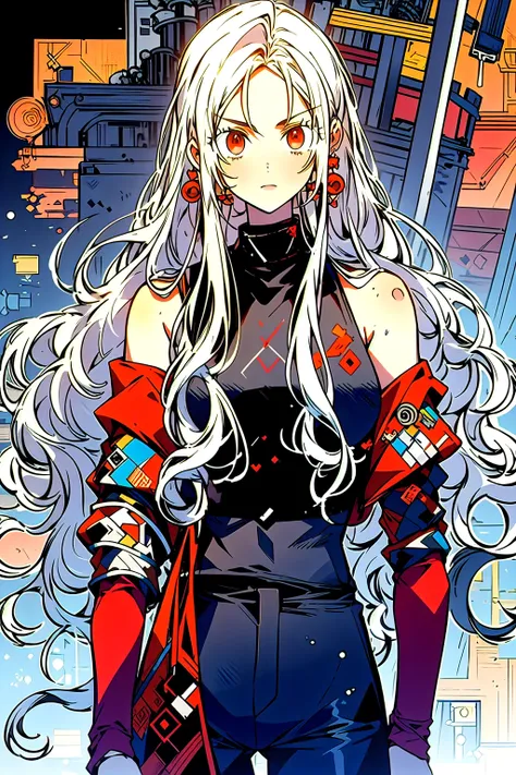 1girl, solo, red eyes, long hair, white hair, (Sarcastic: Raised eyebrow tilted head slightly curled lips suggesting mockery or irony.), <lora:Fiona-002-000011:0.9>, adult, (Leather pants, a silk tank top, and a long, open cardigan with statement earrings....