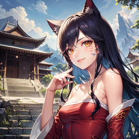 <lora:ahridef-000005:1>ahridef,ahri,1girl, masterpiece,facial mark, blue hair,upper body, smile, blush, outdoors, day, simple background, blue sky, sky, temple, looking at viewer, stairs, mountain, moody lighting, facing viewer,double v, small breasts,