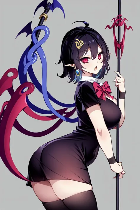 <lora:raptor7-80:1> , masterpiece, 
raptor7, 1girl, solo, looking at viewer, short hair, open mouth, large breasts, simple background, black hair, hair ornament, red eyes, thighhighs, dress, bow, holding, hair between eyes, jewelry, weapon, ass, ahoge, sho...