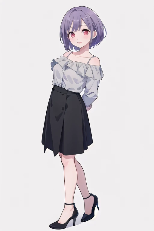 best quality, masterpiece, 1girl, ((solo)), short hair, purple hair, red eyes, high heels, medium breasts, <lora:Nyamu_bangdream-03:0.8>, white background, simple background, [cleavage], smile, off-shoulder shirt, black skirt, full body, arms behind back,