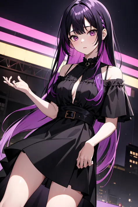 masterpiece, best quality, 1girl, solo, black hair, purple hair, multicolored hair, gradient hair, black dress, night, park