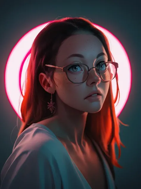 a woman with glasses and a pink light in the background