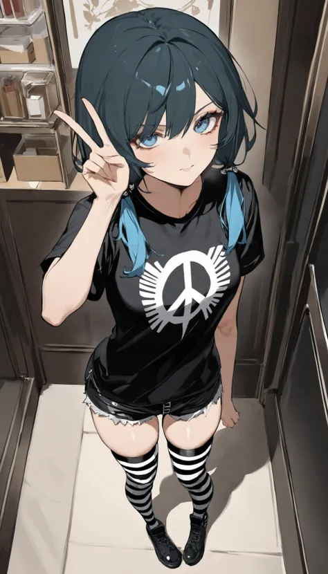 1girl, low twintails, Trim T-shirt, short shorts, striped thigh-high socks, thick things, punk, BREAK
peace sign, from above, standing, BREAK
masterpiece, best quality, absurdres, very aesthetic BREAK