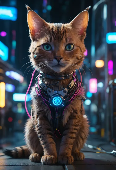 futuristic cyberpunk city, futuristic scifi mechanical cat with many electric wires, detailed face, a mechanical eye, dynamic angle, intricate details, film grain, accent lighting, soft volumetric light, shallow depth of field, cinemagraph, night, neon lig...