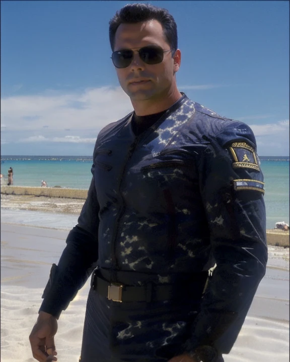 <lora:majorhayes_lora:0.8>, majorhayes, male, light beige skin, black hair, wearing black sunglasses, wearing maco uniform, command patches on right shoulder, camouflage, military, standing, front view, at the beach, perfect sunny day, outdoor lighting, st...