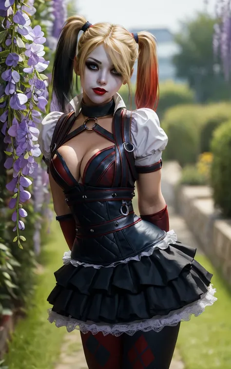 (masterpiece, best quality:1.4), insaneres, absurdres, solo, looking at viewer, BREAK 
GAME_ArkhamKnight_HarleyQuinn_ownwaifu, 
1girl, blonde hair, twintails, breasts, makeup, multicolored hair, lipstick, large breasts, blue eyes, red lips, hair over one e...