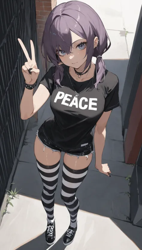 1girl, low twintails, Trim T-shirt, short shorts, striped thigh-high socks, thick things, punk, BREAK
peace sign, from above, standing, BREAK
masterpiece, best quality, absurdres, very aesthetic BREAK