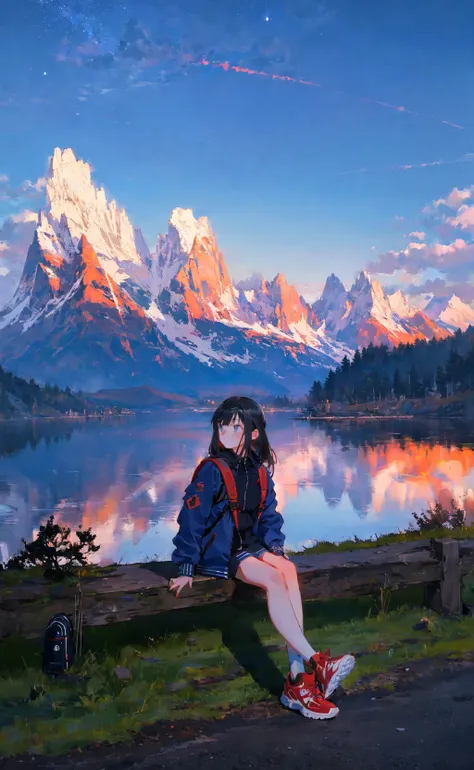 ((masterpiece)), ((ultra-detailed)), pixiv, best shadows, best lighting, best quality, absurdres, highres, cinematic shots, 1girl, red backpack, outdoor, shoes, mountain, sky, tree, cloud, dark night theme, sitting, front, starry sky, sky, Blue jacket, arc...