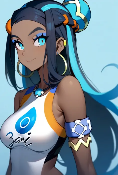 masterpiece,best quality,very aesthetic,absurdres,<lora:nessa_v2:1>,eyeliner, smile, dark-skinned_female, tankini, upper_body, sportswear, blue_eyeshadow, hoop_earrings, blue_background, 1girl, solo, single_hair_bun, bare_shoulders, bad_twitter_id, bad_id,...