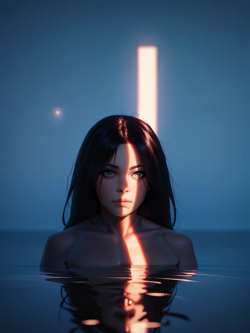 a woman in the water with a light beam coming out of her face