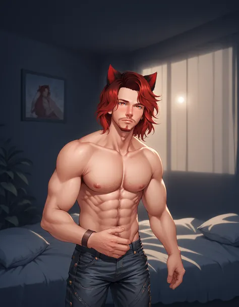 score_9, score_8_up, score_7_up, score_6_up, score_5_up, score_4_up, solo, brown hair, shirt, 1boy, animal ears, male focus, red hair, cat ears, facial hair, bedroom, bed, laying down, pants, shirtless, denim, animal ears, animal ear fluff, indoors, ultra-...