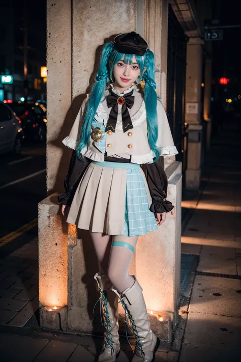 best quality, masterpiece, realistic, photorealistic, 1girl, solo, looking at viewer, smile, standing, full body, arms at side, hatsune miku cosplay costume, hatsune miku, cosplay, aqua hair, twintails, very long hair, braid, capelet, long sleeves, skirt, ...