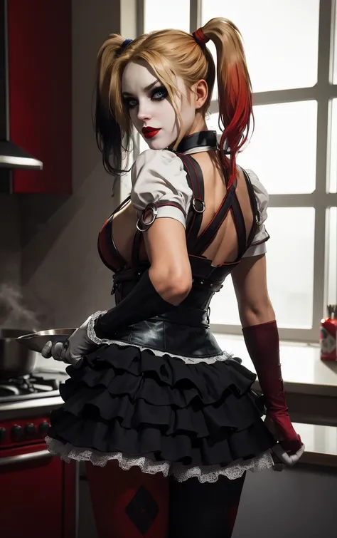 (masterpiece, best quality:1.4), insaneres, absurdres, solo, looking at viewer, BREAK 
GAME_ArkhamKnight_HarleyQuinn_ownwaifu, 
1girl, blonde hair, twintails, breasts, makeup, multicolored hair, lipstick, large breasts, blue eyes, red lips, hair over one e...