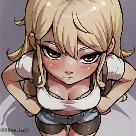 score_9, score_8_up, score_7_up, score_6_up, score_5_up, score_4_up, by beecon_(bee_niji), uncensored, BREAK
1girl, blonde hair, long hair, straight hair, freckles, hazel eyes, medium breasts, skinny, cleavage, white shirt, denim shorts, midriff, bike shor...